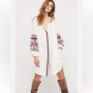 Free People White and Red Embroidered Midi Dress